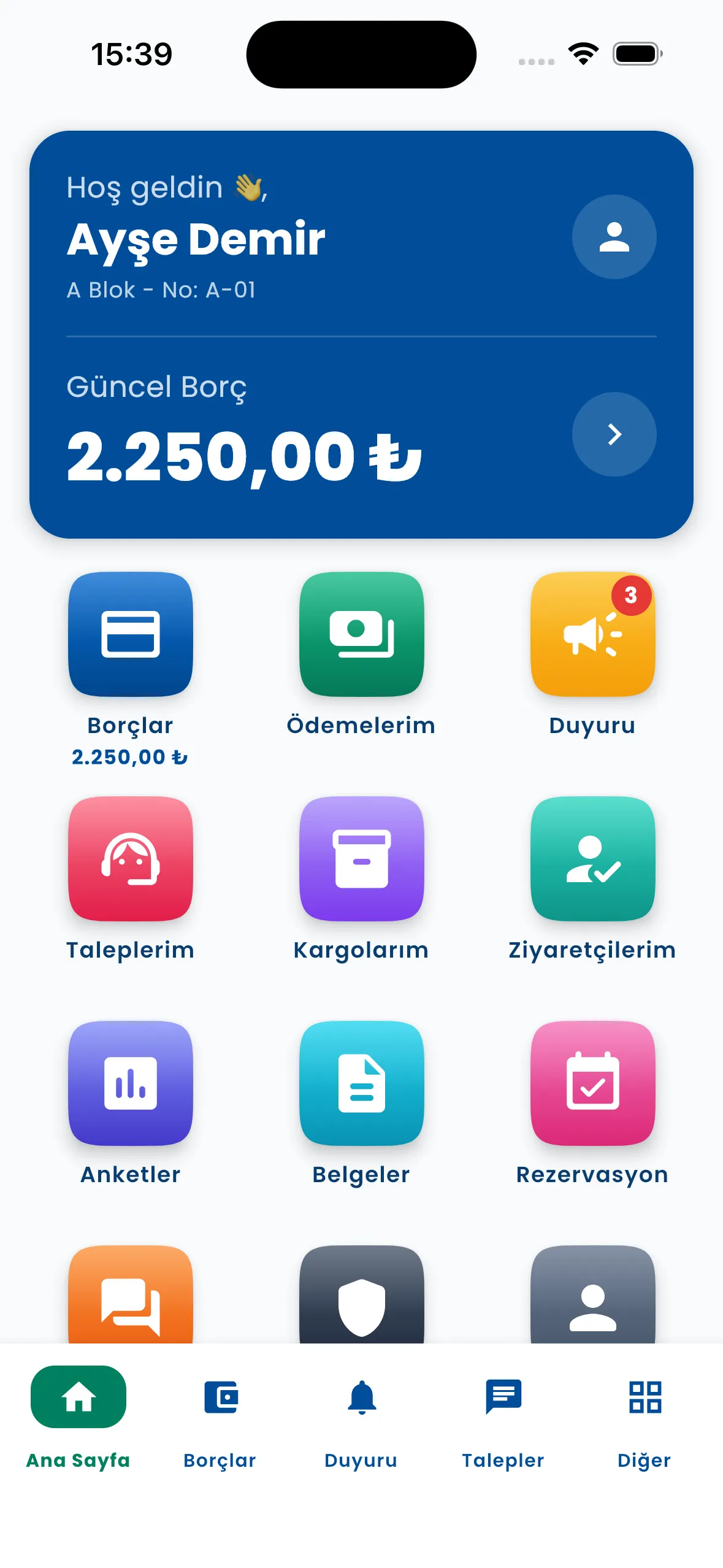 BinaSis sakin uygulaması ana ekranı: üstte daire bilgisi ve güncel borç kartı, altında Borçlar, Ödemelerim, Duyuru, Taleplerim, Kargolarım, Ziyaretçilerim, Anketler, Belgeler ve Rezervasyon kısayolları.